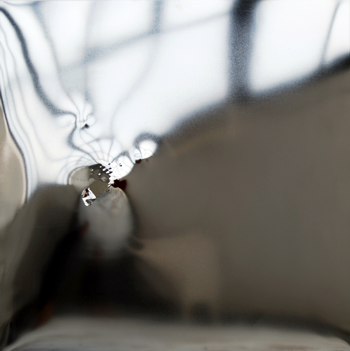 Spectrum Series 11, 2008, gunshot stainless steel, 18x18 in